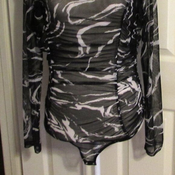 Women's BLUE BLUSH Sheer Long Sleeve Body Suit  Black & White  Size L - Picture 2 of 4